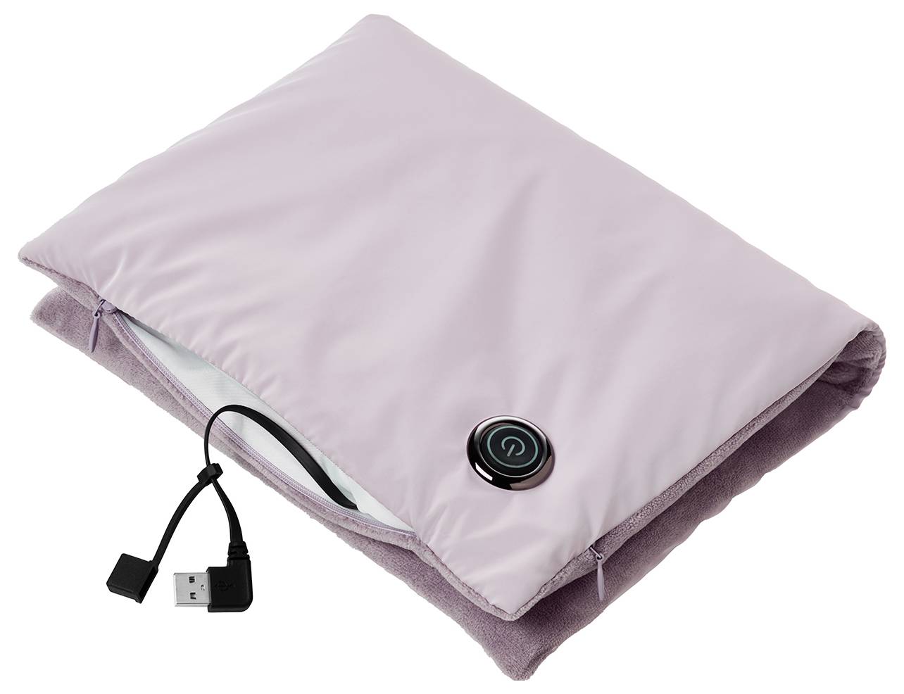 A purple heated blanket with an integrated switch lies folded next to a USB charging cable.