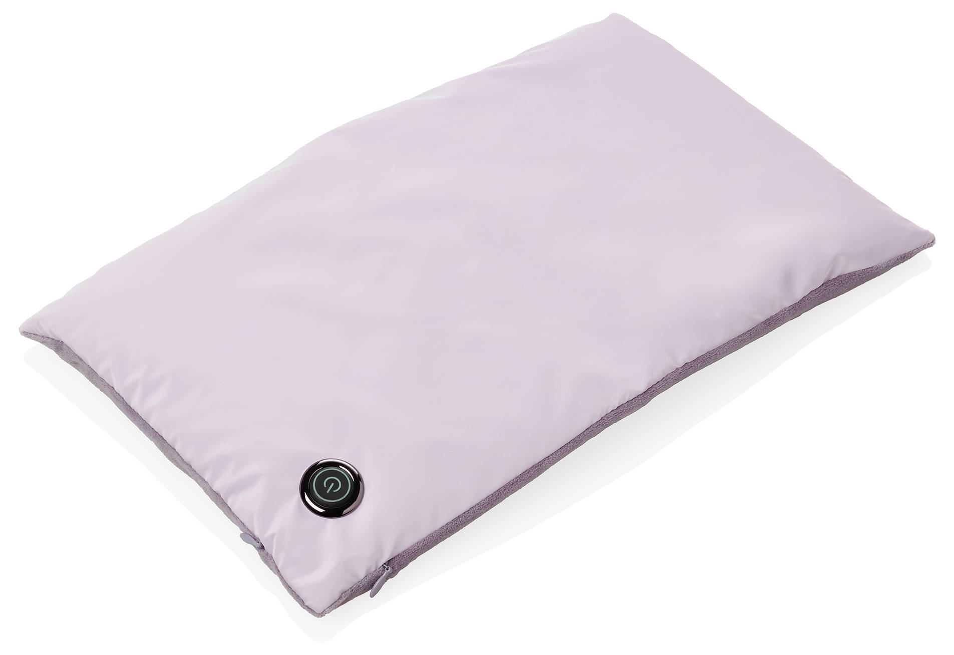 A rectangular, light pink cushion with a black, round button in one corner.