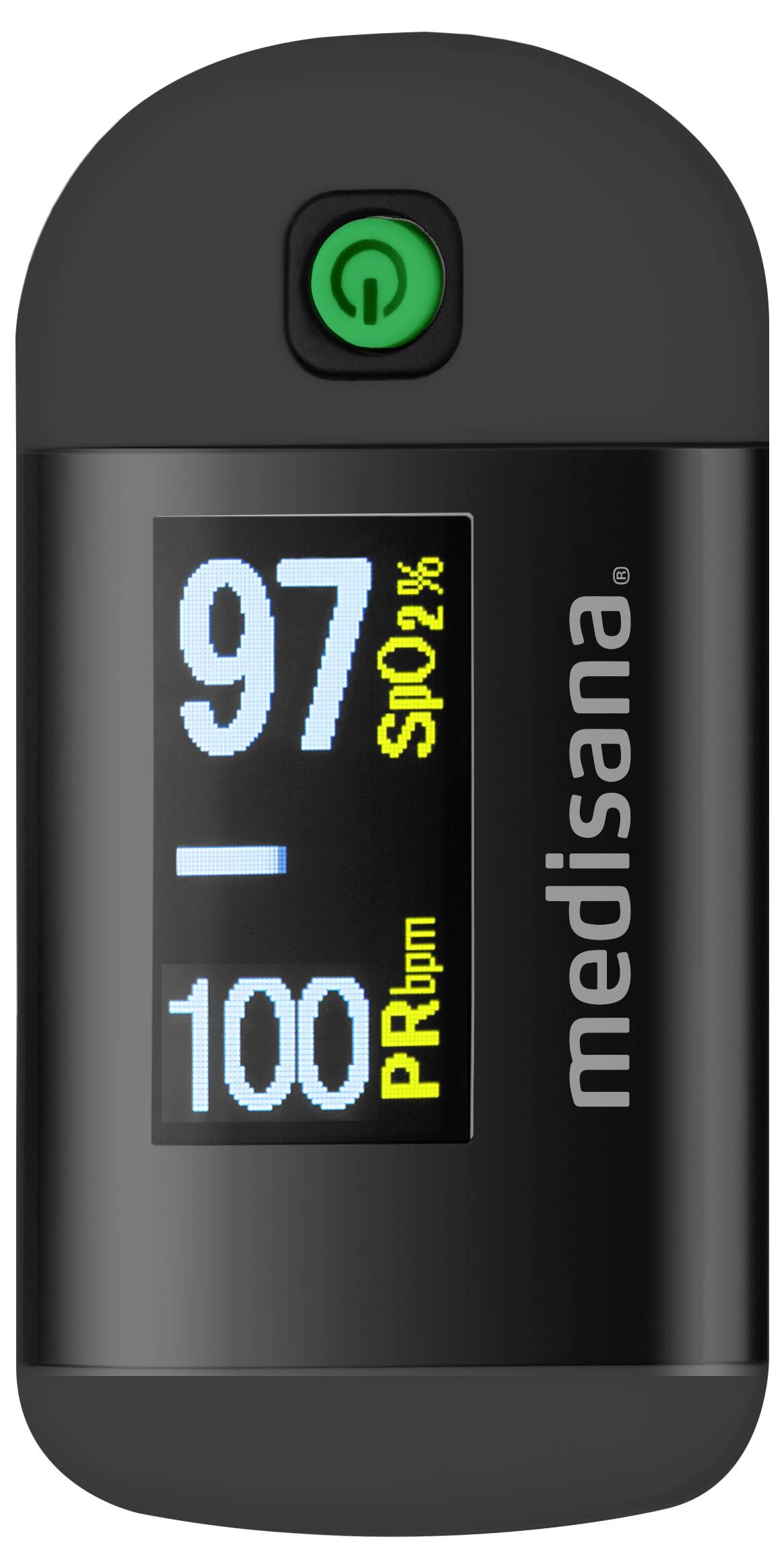 Pulse oximeter shows oxygen saturation of 97% and pulse rate of 100. Device is black with a green button and screen for display.