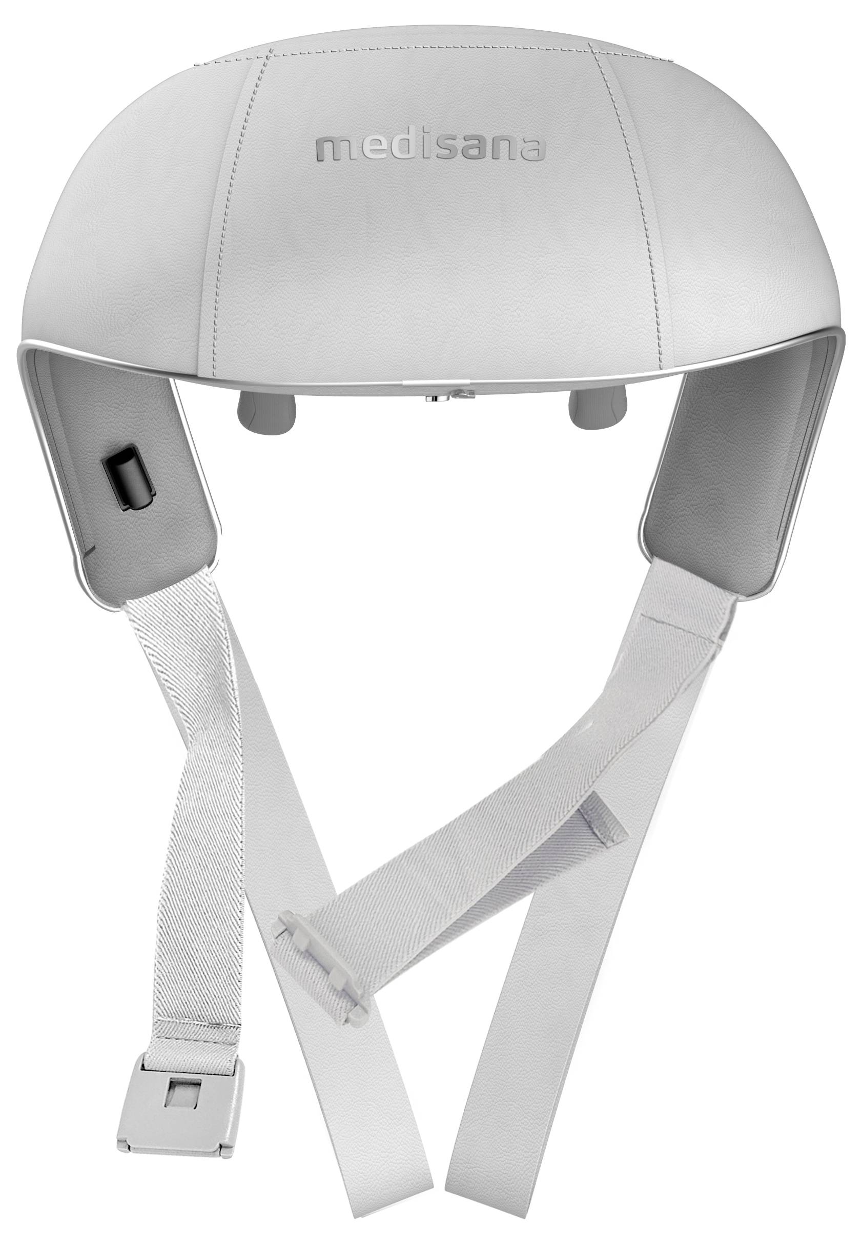 A white neck massage device with adjustable straps on a white background. The 'medisana' logo is embossed at the top.