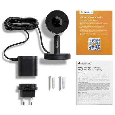'Netatmo Indoor Camera Advance' Camera with cable, power supply, mounting materials and orange instruction manual with QR code.