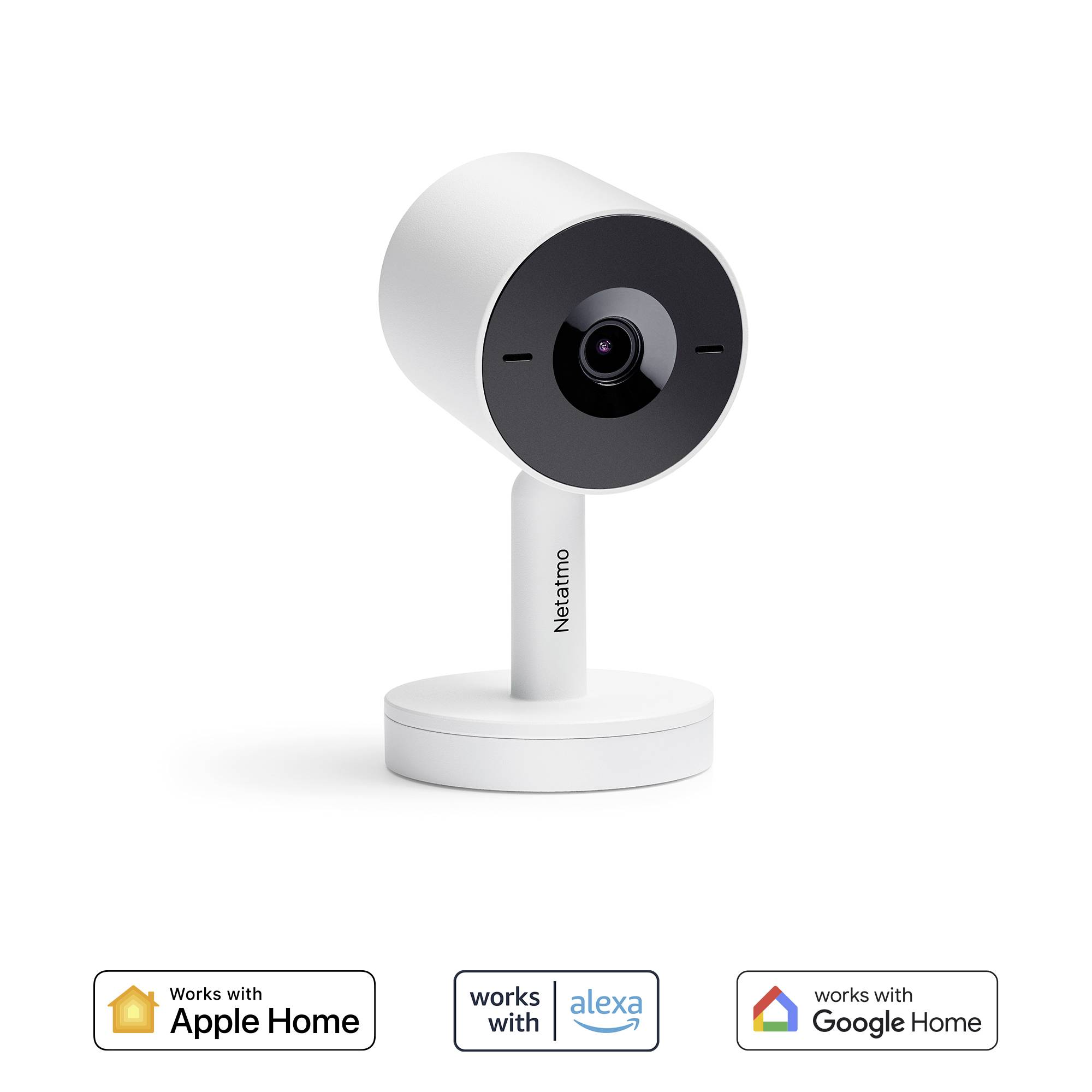 White Netatmo security camera with round lens, compatible with Apple Home, Alexa and Google Home.