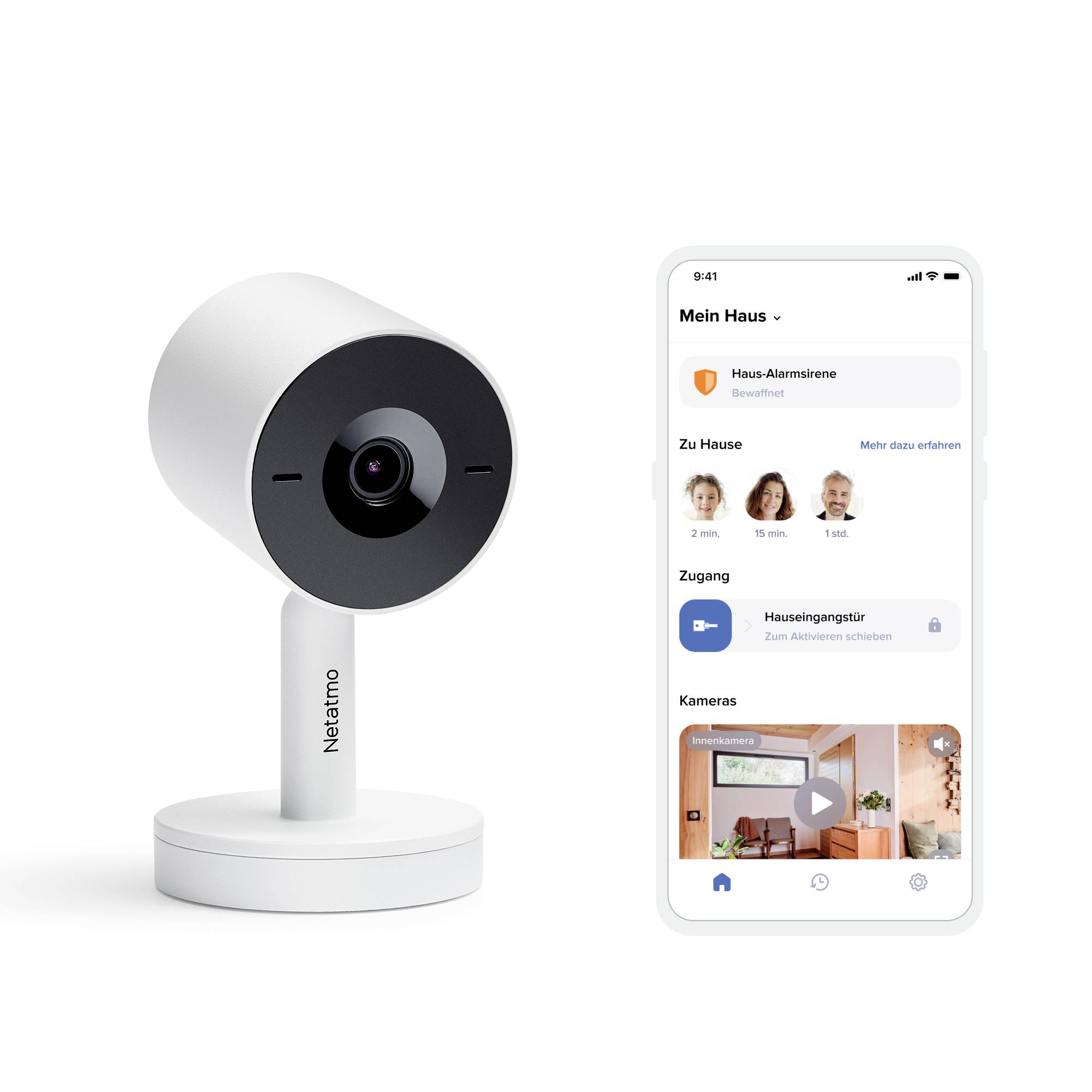 A round white security camera next to a smartphone displaying an app. The app shows home alarm options and camera access.