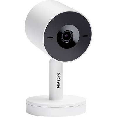 White surveillance camera on a stand with a black lens, marked with 'Netatmo'.