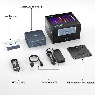 'GEEKOM Mini IT13' Mini PC Set, comprising the Mini PC, HDMI cable, power adapter, VESA mount, and user manual, set against a white background.