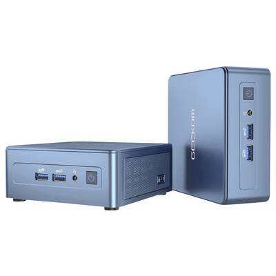 Two small, blue computers with the inscription 'GEEKOM' are positioned side by side. They display various ports and a power switch.