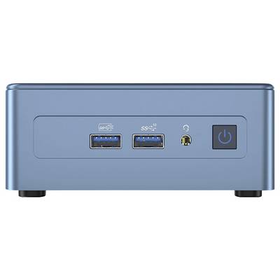 A blue mini PC with two USB 3.0 ports, an audio socket, and a power button on the front.