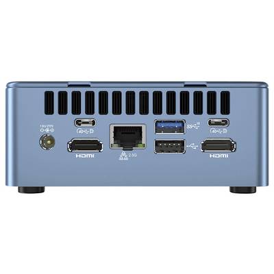 Rear view of a small, blue computer with multiple ports: HDMI, USB, Ethernet, and power connection.