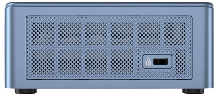 A small, blue computer with a perforated front view and a USB port on the right.