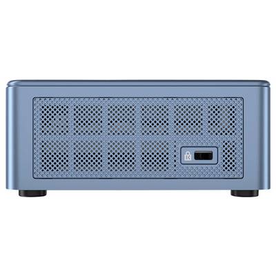 A small, blue computer with a perforated front view and a USB port on the right.