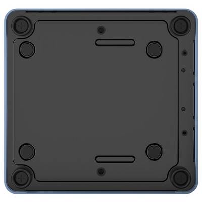 Back of an electronic device: black square cover with rounded corners and screws at the corners.