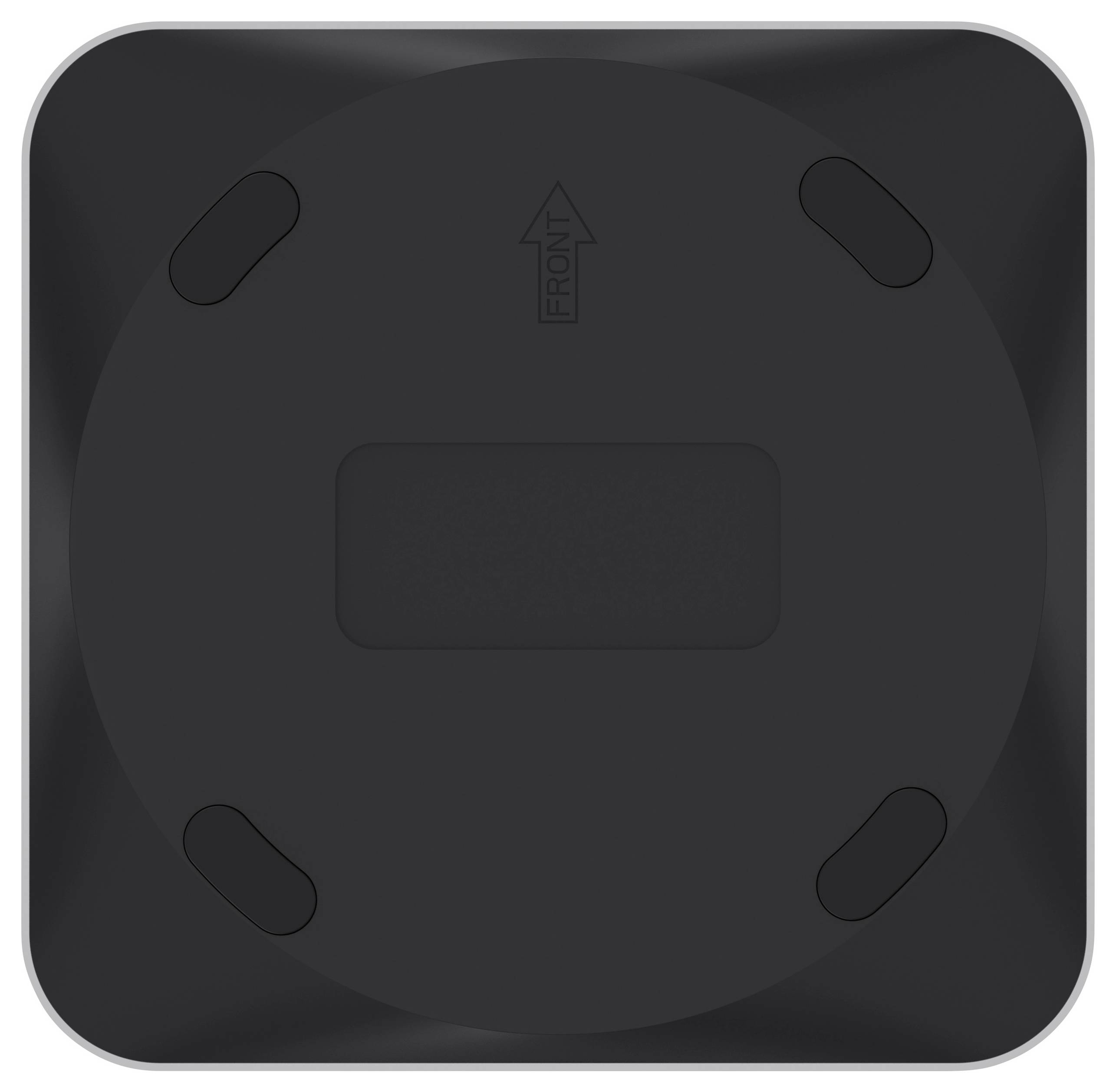 Black square surface with rounded corners and a central, slightly raised, circular structure. At the top, an arrow with the text 'FRONT'.
