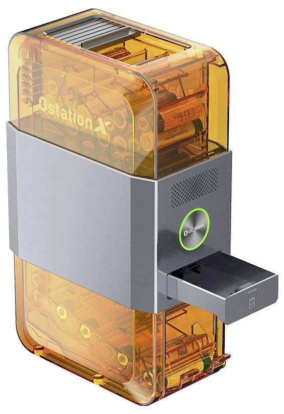 A compact, modern 3D printer with a transparent orange enclosure and a small control panel on the front.