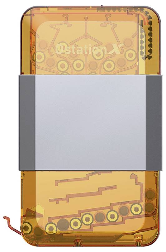 An orange electronic device with a transparent casing revealing its internal components, surrounded by a grey band.