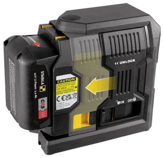 A black laser leveller with a yellow button and safety markings. Brand name and CE marking are visible.