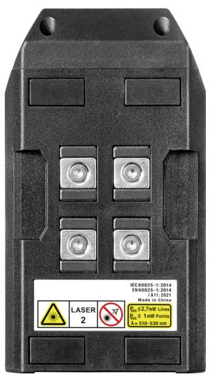 A black device with four silver buttons and a warning label at the bottom. Label displays the laser hazard symbol (Class 2 laser).