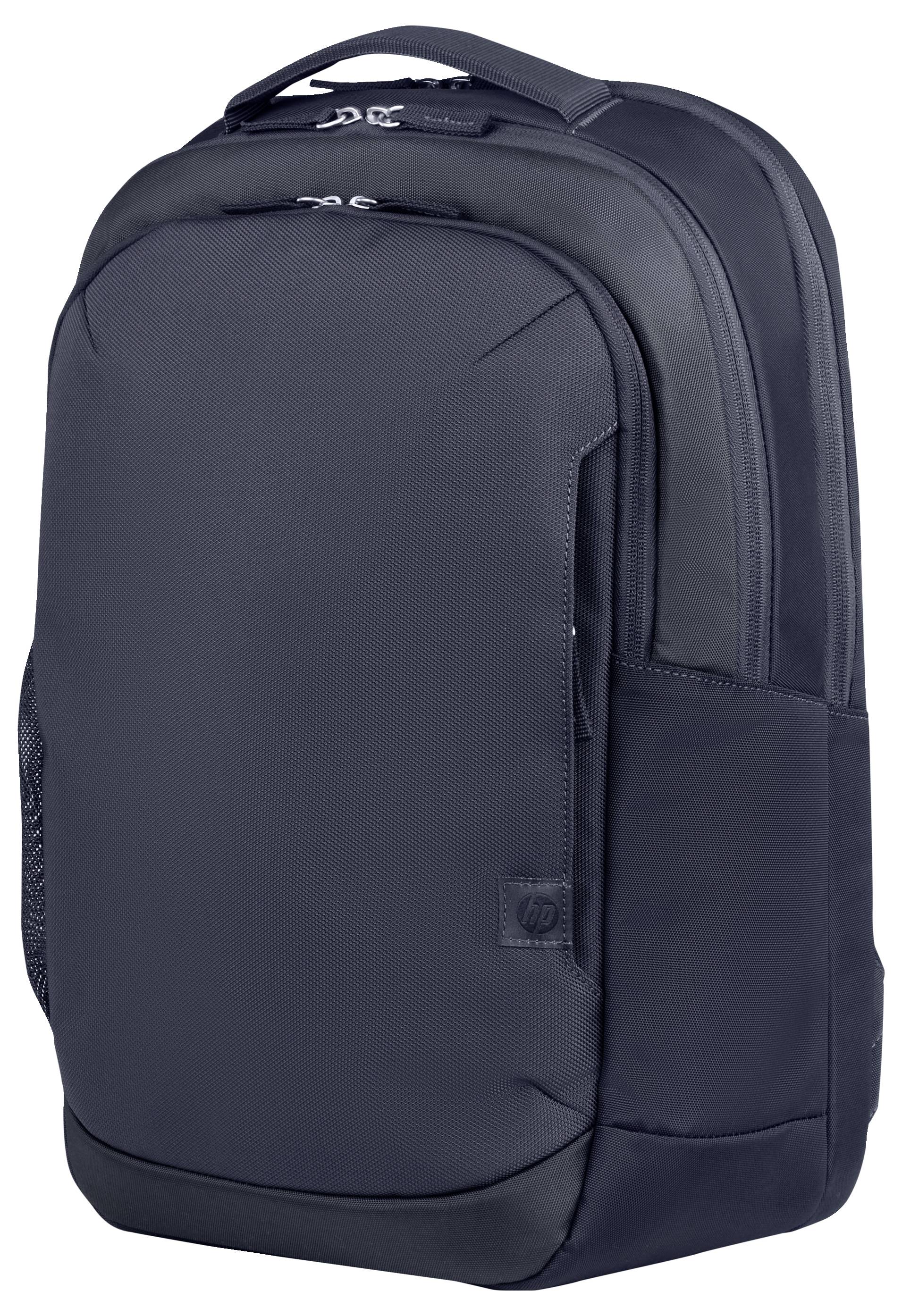 A black rucksack with multiple compartments and a carry handle on top. Ideal for daily use or travelling.