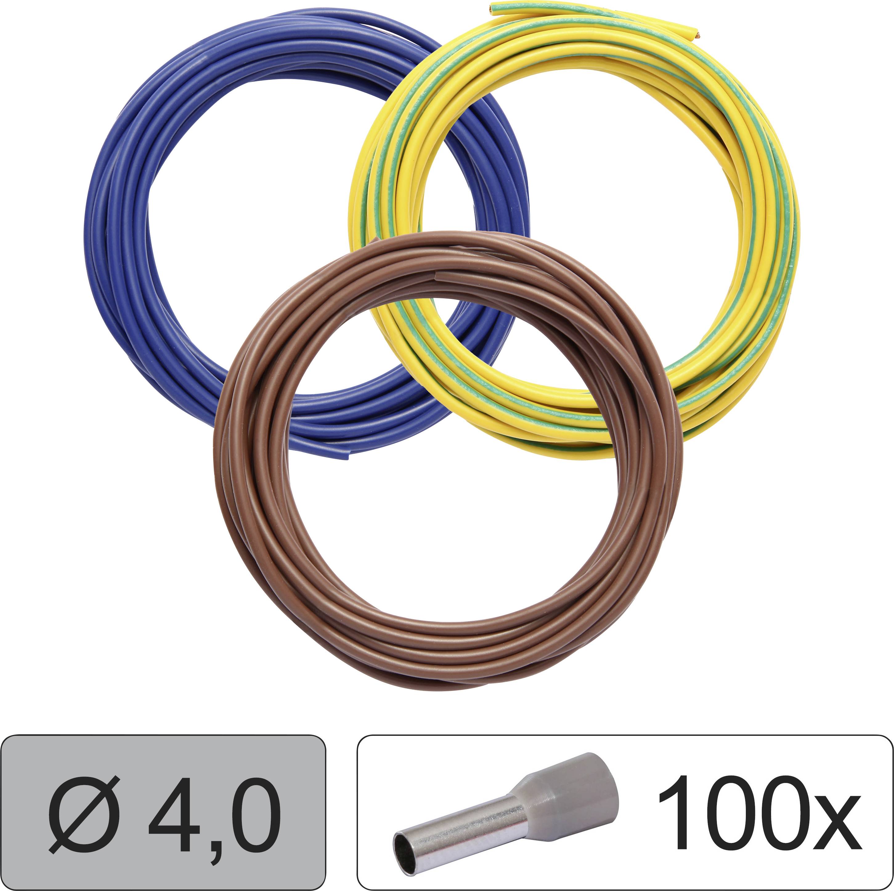 Three cable rings in Blue, Yellow-Green and Brown. Below the symbol for cable shoe and text 'Ø 4.0' and '100x'.