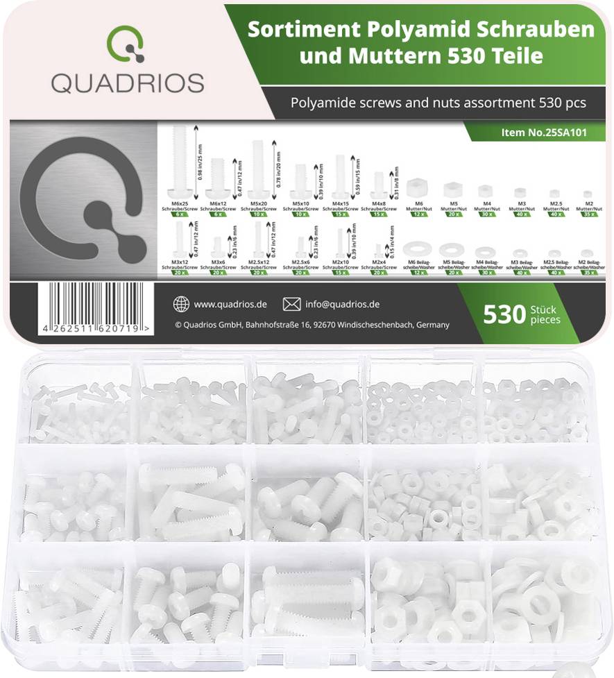 Assortment of Nylon Screws and Nuts, 530 Pieces. Box with compartments filled with white screws and nuts in various sizes.