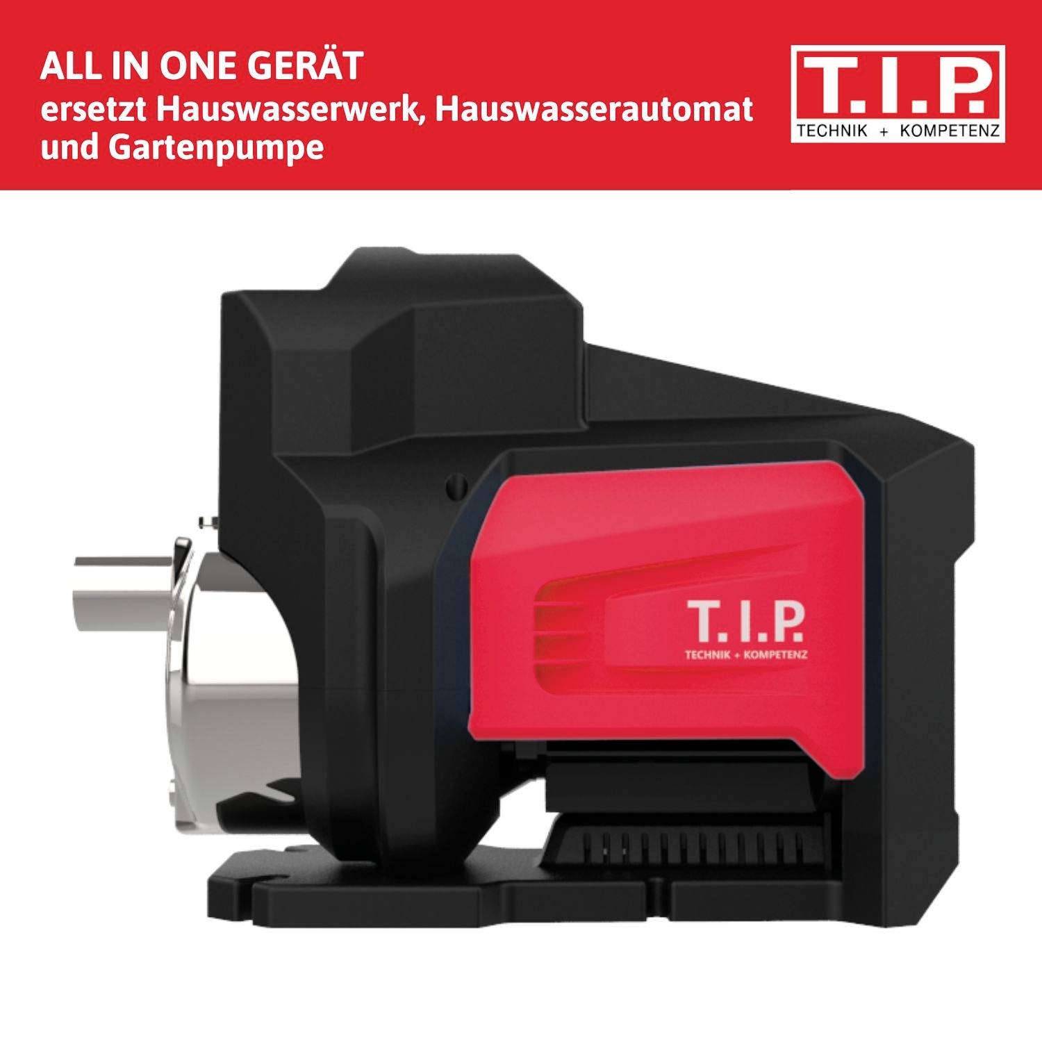 'All in One Device' in Red and Black Replaces Domestic Water System, Domestic Water Automat and Garden Pump. Brand: T.I.P. Technology + Competence.