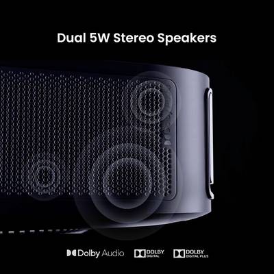 'Dual 5W Stereo Speakers' with Dolby Audio, Dolby Digital and Dolby Digital Plus logos. Black speaker in the foreground.