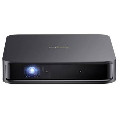 A compact black projector from the front, with an illuminated lens. Ideal for home cinema or presentation use.