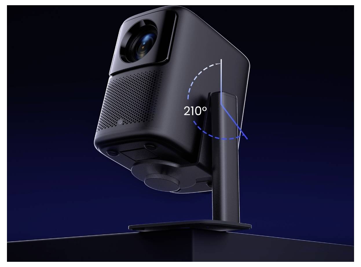 A black projector on a stand is rotatable at an angle of 210 degrees.