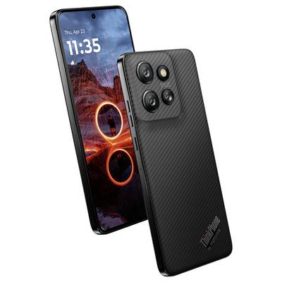 Two black smartphones with carbon-fibre finish side by side; front display shows time and date, back shows four camera lenses.
