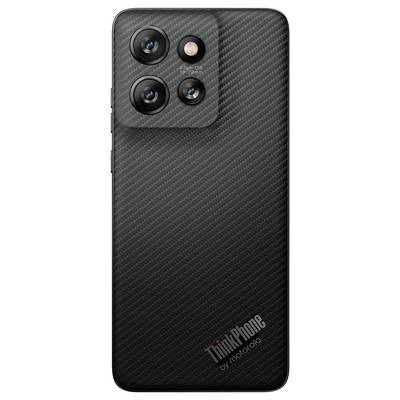 Rear view of a black smartphone with three camera lenses and flash. Carbon fibre texture, with 'ThinkPhone by Motorola' text.