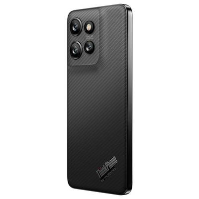 A black smartphone with three camera lenses on the back. The text 'ThinkPhone by Motorola' is visible at the bottom edge.