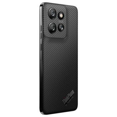 The image shows the back of a smartphone with three camera lenses. The surface has a carbon fibre pattern. Text reads: 'ThinkPhone by Motorola'.