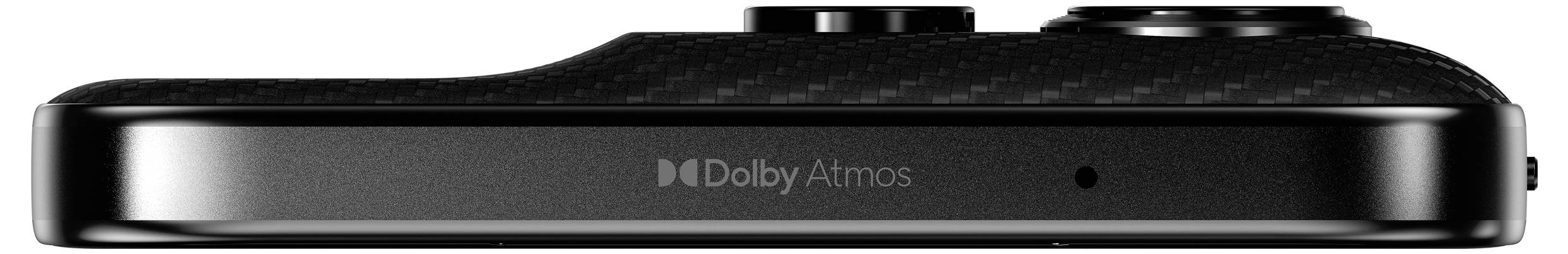 Black technical device with 'Dolby Atmos' printed on the front, showing a side view with two buttons on the top.