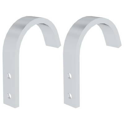 Two grey metal hooks, each with two holes side by side.