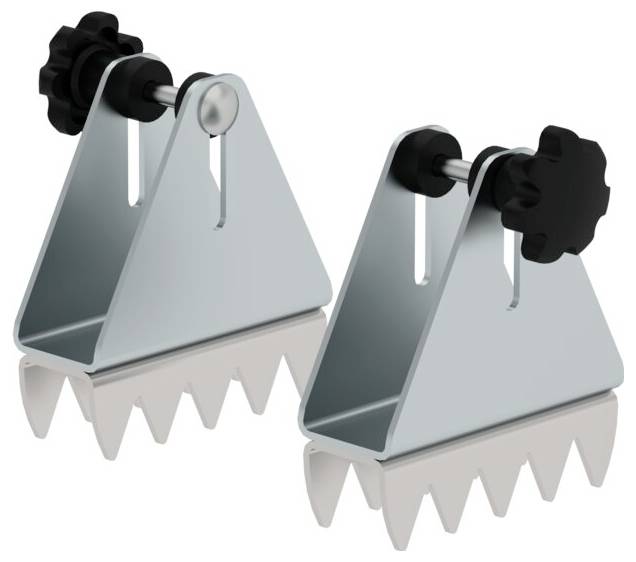 Two silver mounting brackets with serrated clamps and black screws, designed for securing materials to flat surfaces.