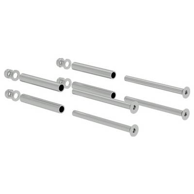 Several silver metal bolts with round heads and nuts, scattered on a light background. They are used for connecting or fastening.