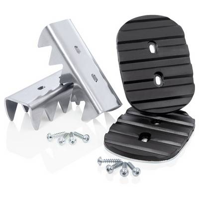 Metal saw blades and black rubber soles for garden tools with accompanying screws on a white background.