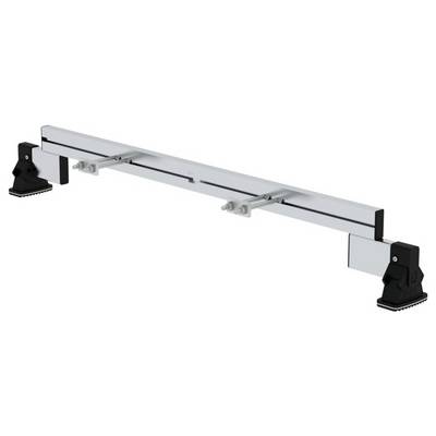 Metal rail with two black mounting brackets at the ends. Adjustable clamps in the centre. Industrial equipment item.