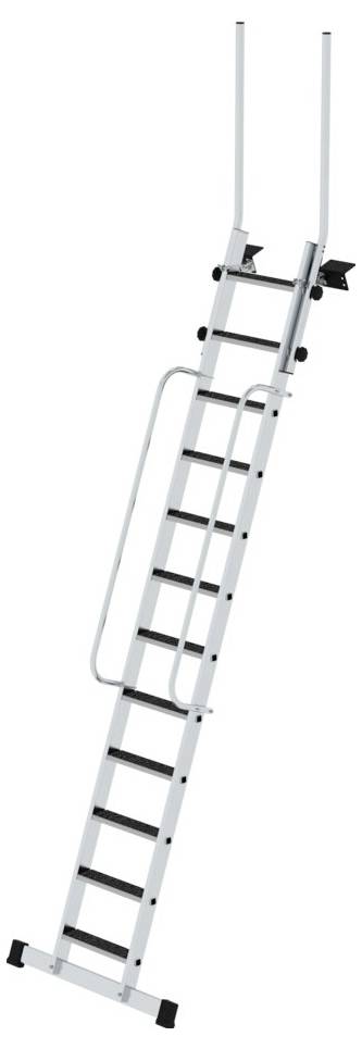 Aluminium ladder with twelve rungs, positioned at an angle, fitted with side safety hoops and rubber feet.