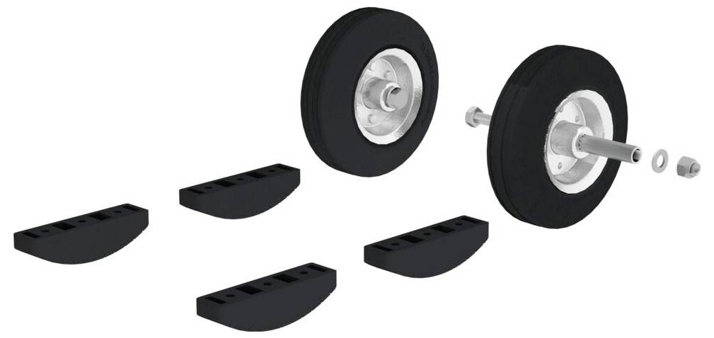 Two wheels with an axle and four mounting brackets, presumably intended for assembly; view shows individual components and arrangement.
