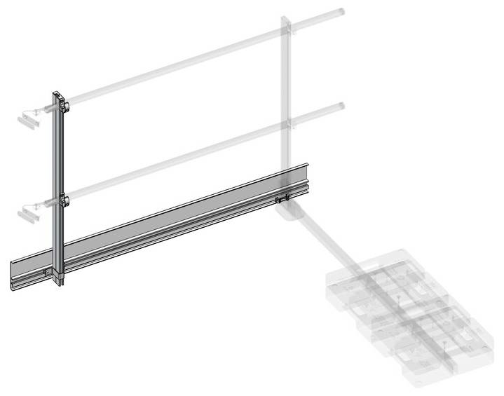 Rail system with a horizontal rail, vertical mounting brackets, and suggested extension, depicted in a technical drawing.