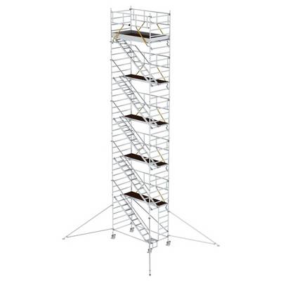 A large, mobile scaffolding structure with multiple levels and ladders, used for working at height.