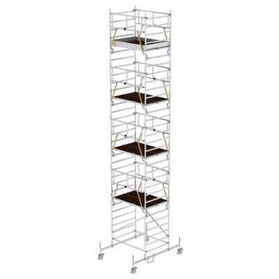 A tall, multi-level scaffolding with several platforms and safety railings, mounted on wheels to enable mobility.
