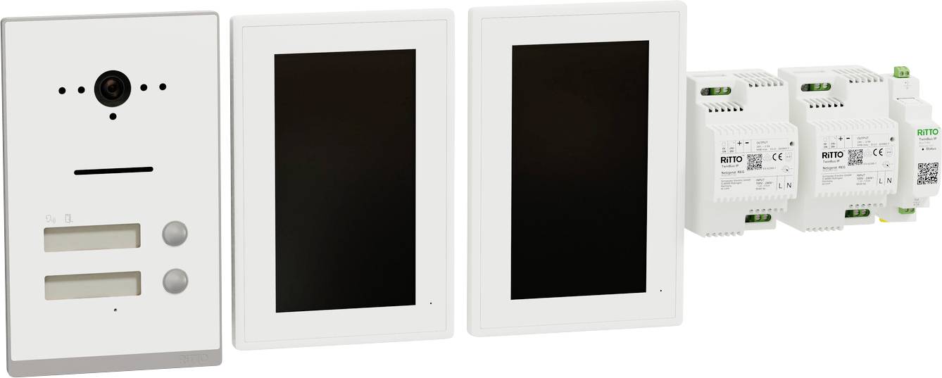 Two-display intercom set with connection units, ideal for building surveillance and access control.
