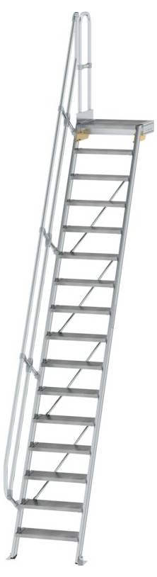 Grey safety ladder with handrails, leading to a small platform at the top, suitable for industrial areas or warehouses.