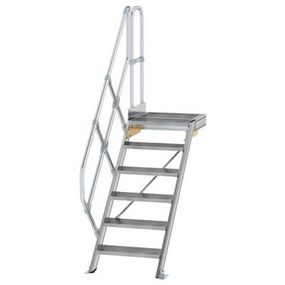 Metal staircase with six steps and handrail, suitable for accessing elevated platforms or work surfaces.
