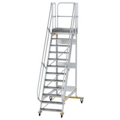 Metal staircase with handrails, platform at the top, mounted on wheels. Suitable for access to elevated work areas.