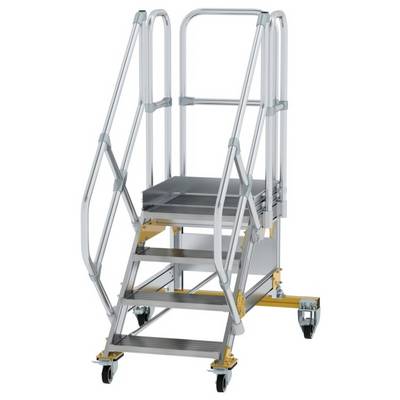 A mobile platform ladder with four steps, handrails and wheels, suitable for safe work at height in industrial environments.