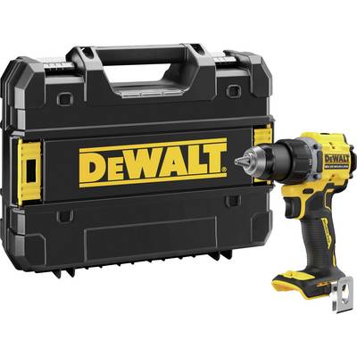 A yellow DeWalt cordless impact driver with a black handle is standing next to a black DeWalt tool case.