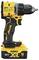 'DEWALT cordless drill, XR 18V model with 5 Ah battery and brushless motor, side view.'