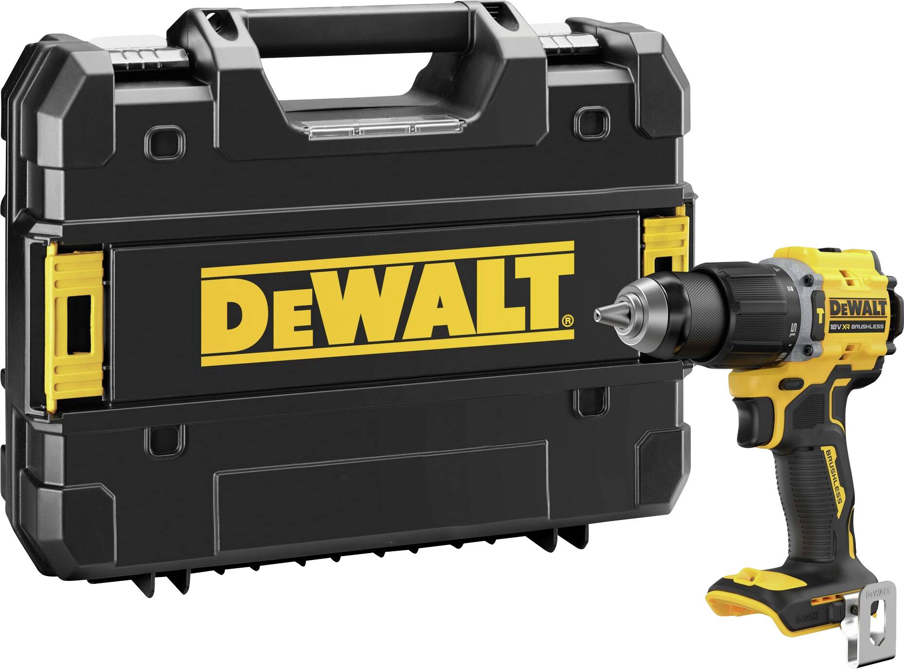 DeWalt impact driver in black and yellow with a matching carry case in the background.